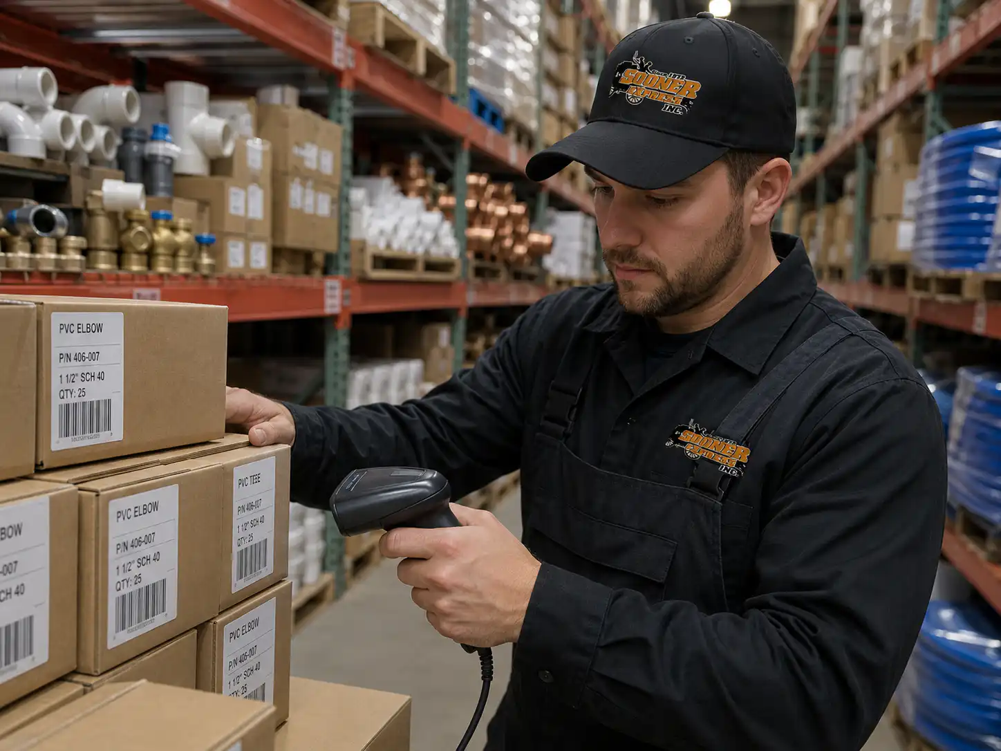 Sooner Express Inc. employee scanning plumbing material inventory in an organized warehouse